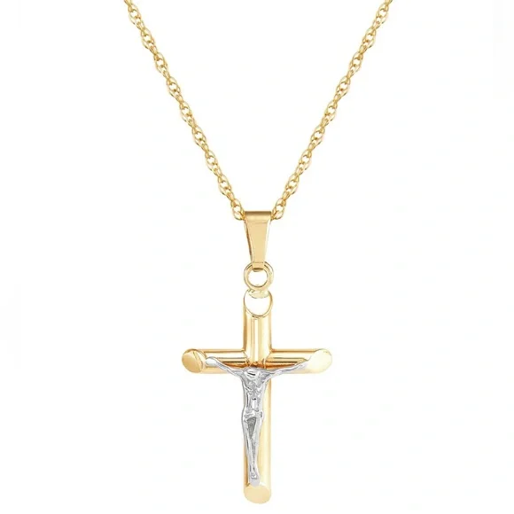 NWT Crucifix Cross 18" Pendant Necklace in 14k Two-Tone Gold - Picture 2 of 10
